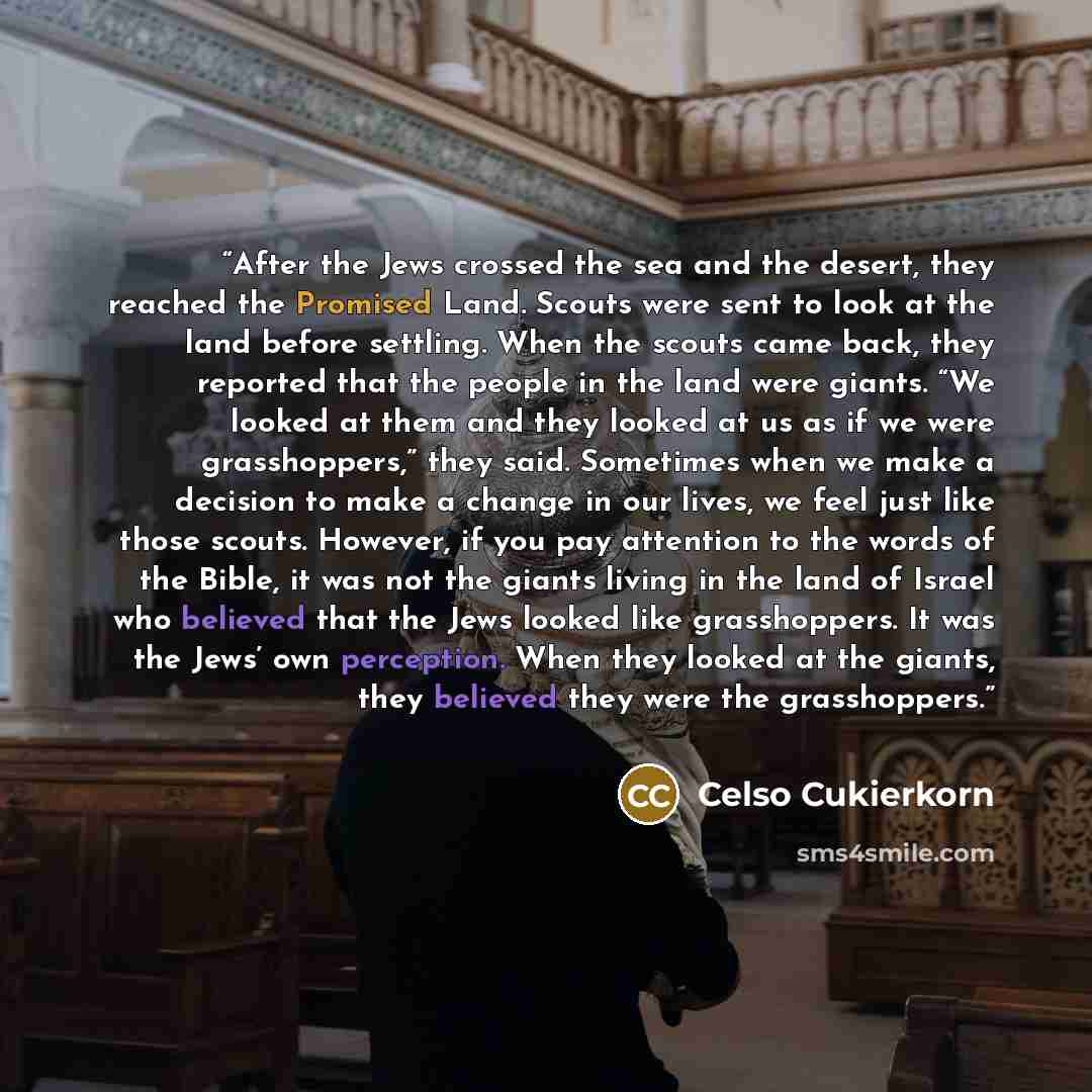 “After the Jews crossed the sea and the desert, they reached the Promised Land. Scouts were sent to look at the land before settling. When the scouts came back, they reported that the people in the land were giants. “We looked at them and they looked at us as if we were grasshoppers,” they said…” quote by Celso Cukierkorn