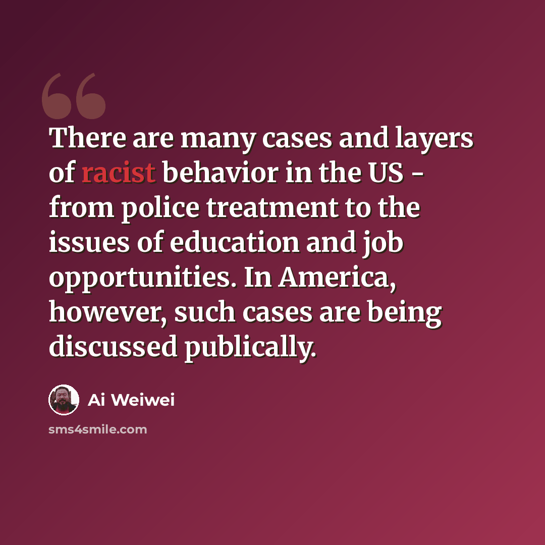 “There are many cases and layers of racist behavior in the US - from police treatment to the issues of education and job opportunities. In America, however, such cases are being discussed publically.” quote by Ai Weiwei