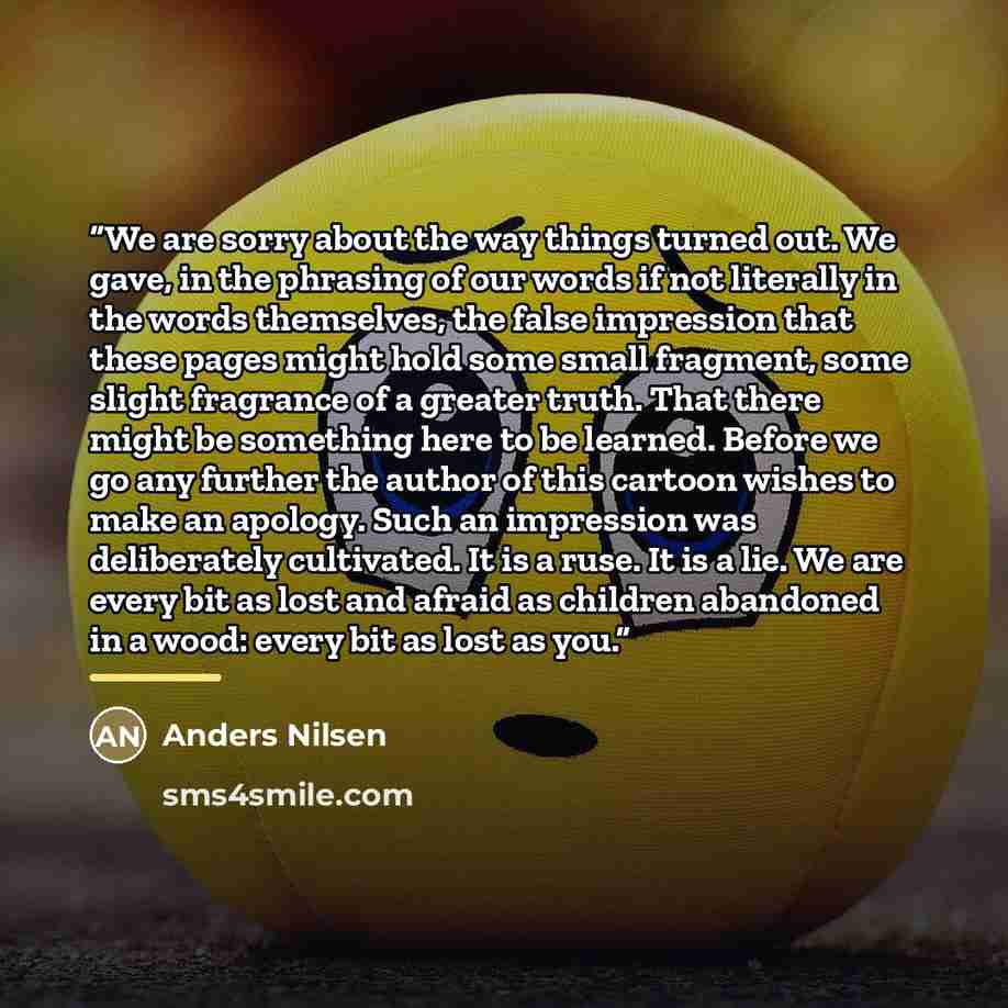 “We are sorry about the way things turned out. We gave, in the phrasing of our words if not literally in the words themselves, the false impression that these pages might hold some small fragment, some slight fragrance of a greater truth. That there might be something here to be learned. Before we…” quote by Anders Nilsen