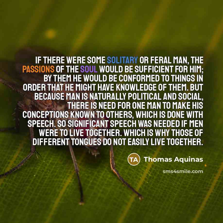 “If there were some solitary or feral man, the passions of the soul would be sufficient for him; by them he would be conformed to things in order that he might have knowledge of them. But because man is naturally political and social, there is need for one man to make his conceptions known to…” quote by Thomas Aquinas