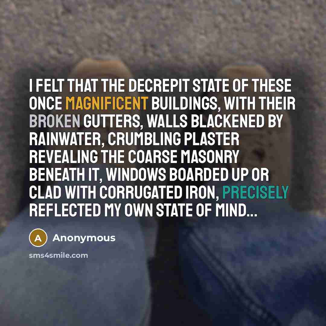 “I felt that the decrepit state of these once magnificent buildings, with their broken gutters, walls blackened by rainwater, crumbling plaster revealing the coarse masonry beneath it, windows boarded up or clad with corrugated iron, precisely reflected my own state of mind...” quote by Anonymous