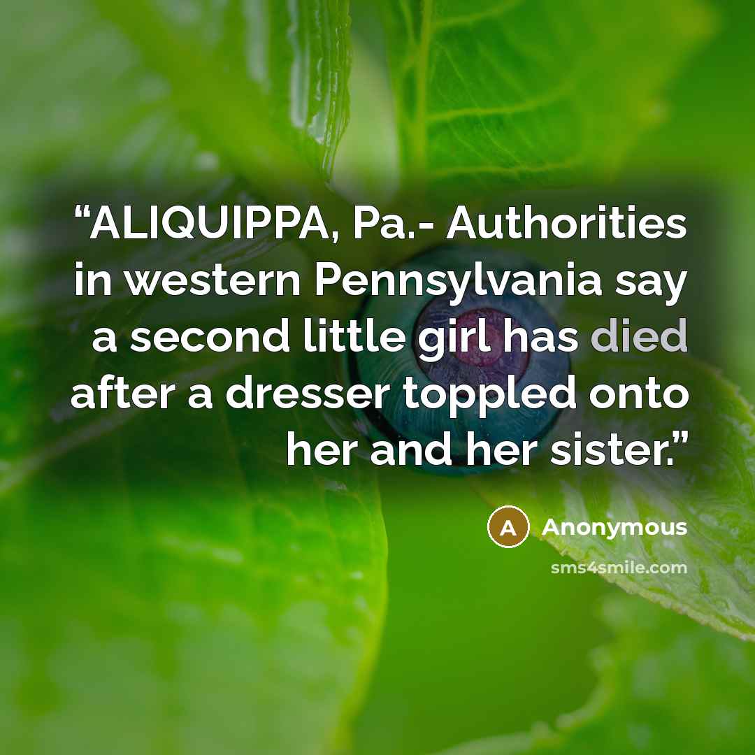 “ALIQUIPPA, Pa.- Authorities in western Pennsylvania say a second little girl has died after a dresser toppled onto her and her sister.” quote by Anonymous