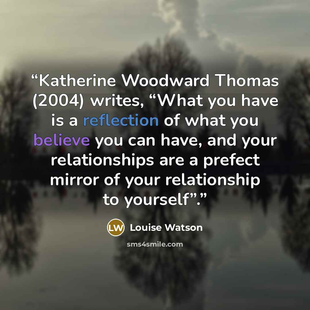 “Katherine Woodward Thomas (2004) writes, “What you have is a reflection of what you believe you can have, and your relationships are a prefect mirror of your relationship to yourself”.” quote by Louise Watson
