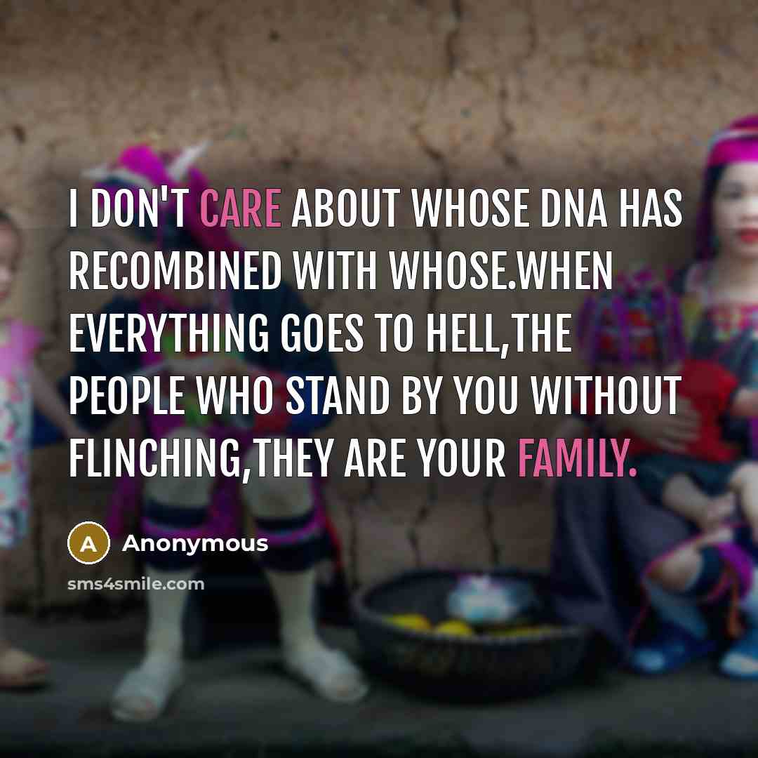 “I Don't Care About Whose DNA Has Recombined With Whose.When Everything Goes To Hell,The People Who Stand By You Without Flinching,They Are Your Family.” quote by Anonymous