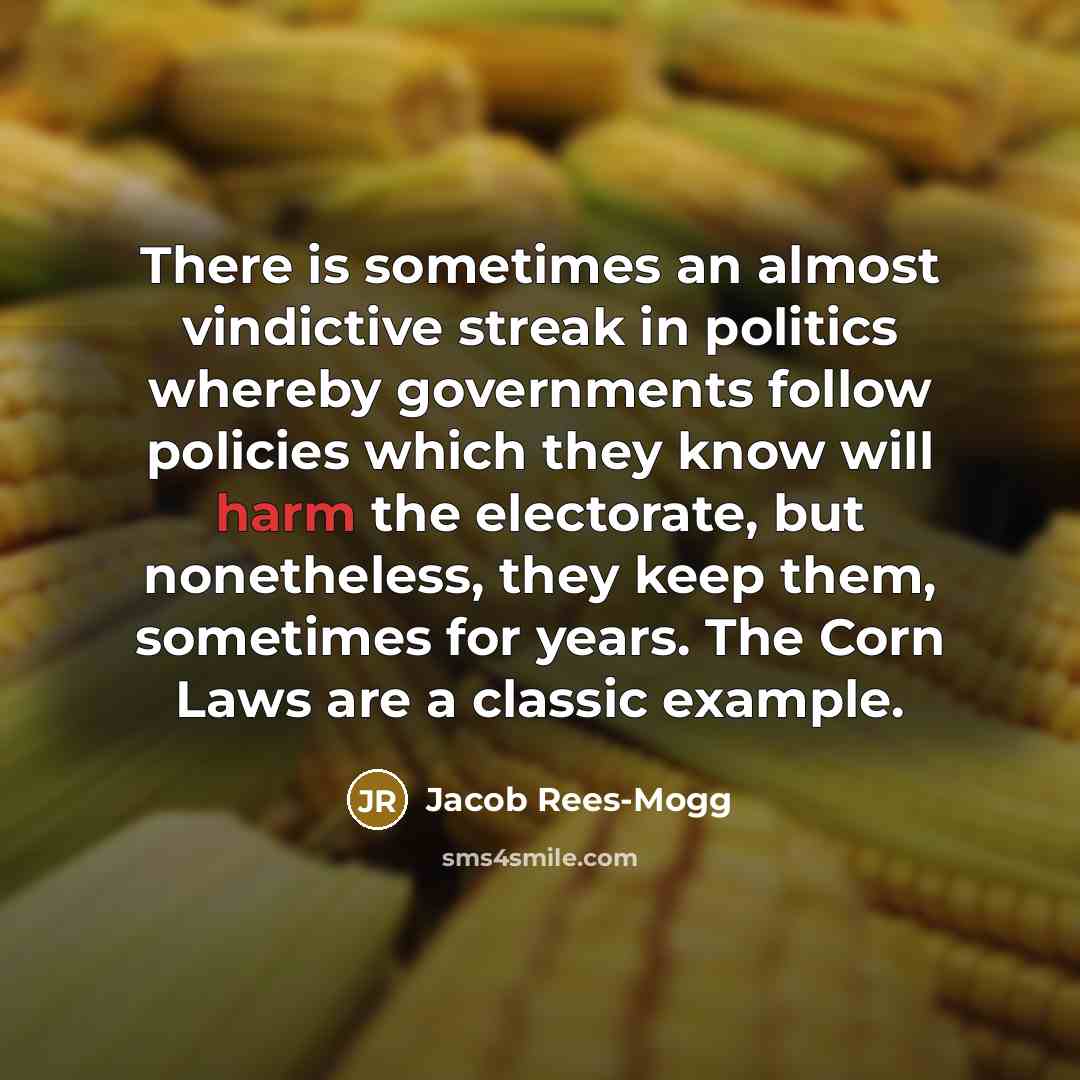 “There is sometimes an almost vindictive streak in politics whereby governments follow policies which they know will harm the electorate, but nonetheless, they keep them, sometimes for years. The Corn Laws are a classic example.” quote by Jacob Rees-Mogg