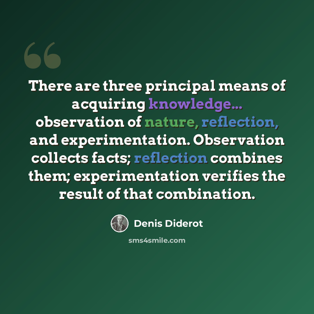 “There are three principal means of acquiring knowledge... observation of nature, reflection, and experimentation. Observation collects facts; reflection combines them; experimentation verifies the result of that combination.” quote by Denis Diderot
