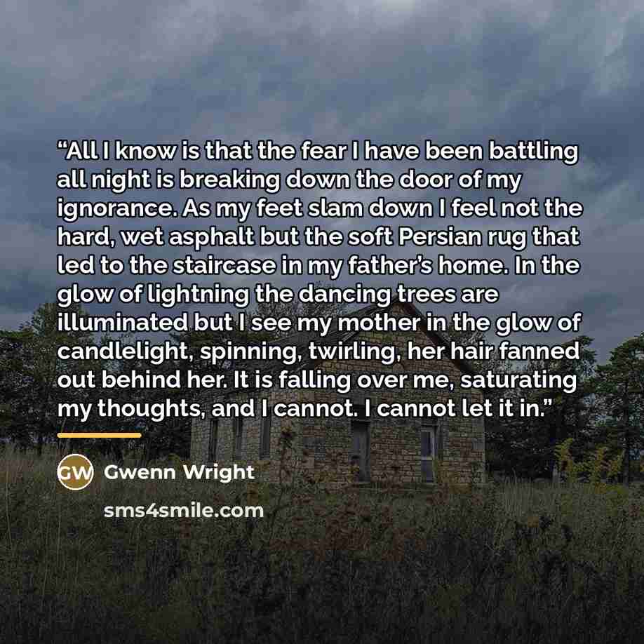 “All I know is that the fear I have been battling all night is breaking down the door of my ignorance. As my feet slam down I feel not the hard, wet asphalt but the soft Persian rug that led to the staircase in my father’s home. In the glow of lightning the dancing trees are illuminated but I see…” quote by Gwenn Wright