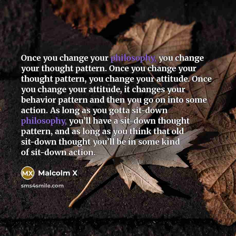 “Once you change your philosophy, you change your thought pattern. Once you change your thought pattern, you change your attitude. Once you change your attitude, it changes your behavior pattern and then you go on into some action. As long as you gotta sit-down philosophy, you’ll have a sit-down…” quote by Malcolm X