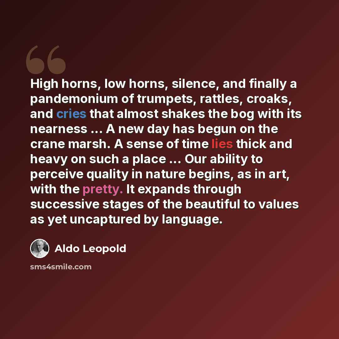 “High horns, low horns, silence, and finally a pandemonium of trumpets, rattles, croaks, and cries that almost shakes the bog with its nearness ... A new day has begun on the crane marsh. A sense of time lies thick and heavy on such a place ... Our ability to perceive quality in nature begins, as…” quote by Aldo Leopold