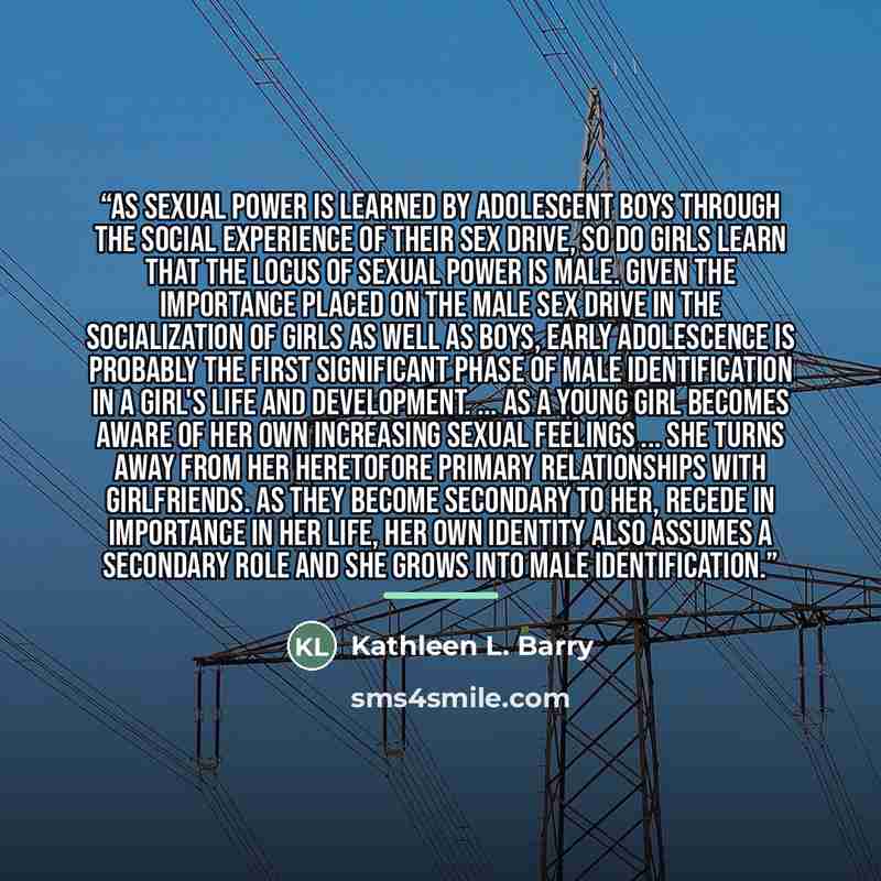 “As sexual power is learned by adolescent boys through the social experience of their sex drive, so do girls learn that the locus of sexual power is male. Given the importance placed on the male sex drive in the socialization of girls as well as boys, early adolescence is probably the first…” quote by Kathleen L. Barry