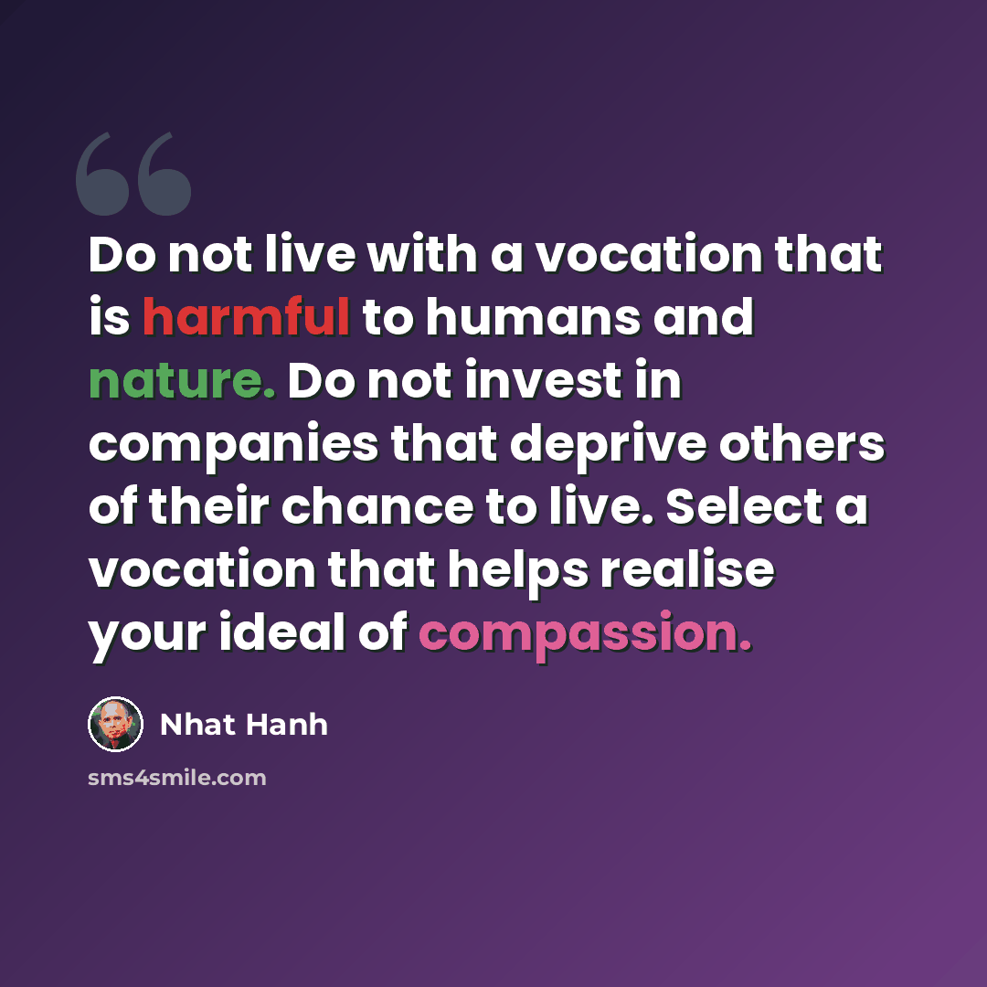 “Do not live with a vocation that is harmful to humans and nature. Do not invest in companies that deprive others of their chance to live. Select a vocation that helps realise your ideal of compassion.” quote by Nhat Hanh