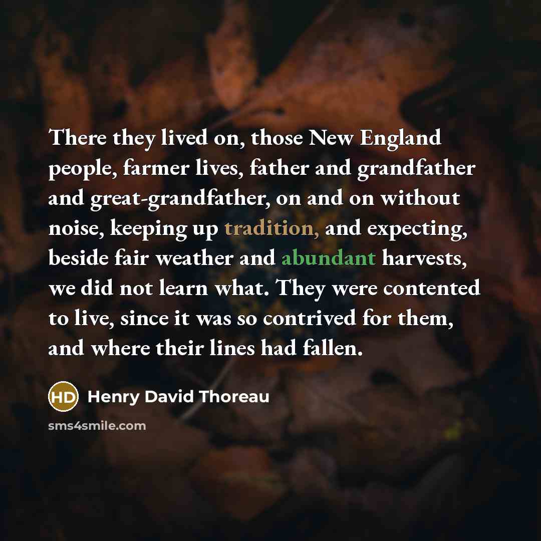 “There they lived on, those New England people, farmer lives, father and grandfather and great-grandfather, on and on without noise, keeping up tradition, and expecting, beside fair weather and abundant harvests, we did not learn what. They were contented to live, since it was so contrived for…” quote by Henry David Thoreau