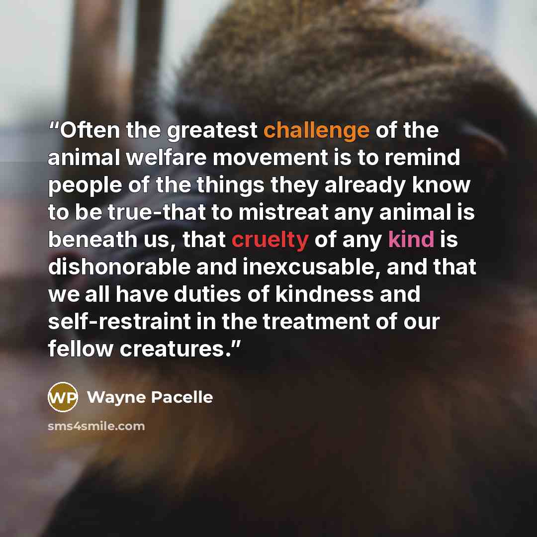 “Often the greatest challenge of the animal welfare movement is to remind people of the things they already know to be true-that to mistreat any animal is beneath us, that cruelty of any kind is dishonorable and inexcusable, and that we all have duties of kindness and self-restraint in the…” quote by Wayne Pacelle