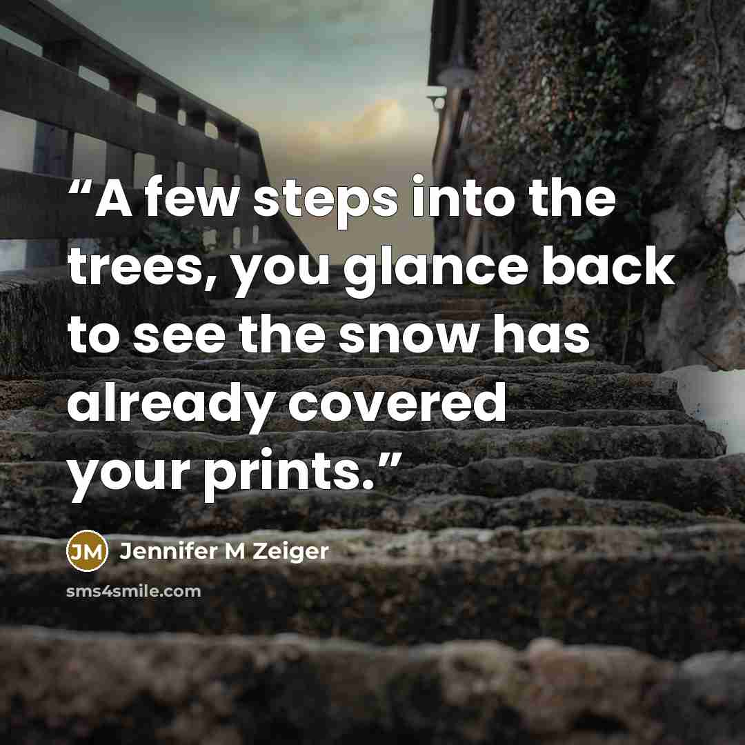 “A few steps into the trees, you glance back to see the snow has already covered your prints.” quote by Jennifer M Zeiger