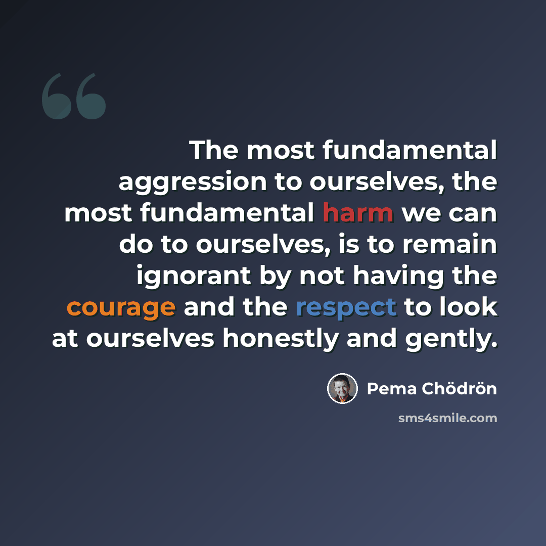“The most fundamental aggression to ourselves, the most fundamental harm we can do to ourselves, is to remain ignorant by not having the courage and the respect to look at ourselves honestly and gently.” quote by Pema Chodron