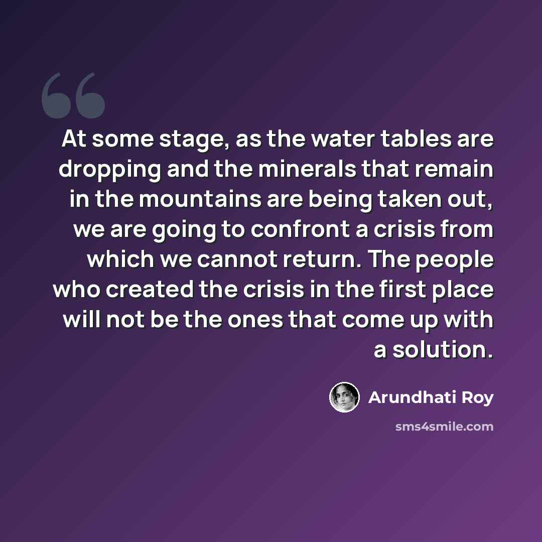 “At some stage, as the water tables are dropping and the minerals that remain in the mountains are being taken out, we are going to confront a crisis from which we cannot return. The people who created the crisis in the first place will not be the ones that come up with a solution.” quote by Arundhati Roy