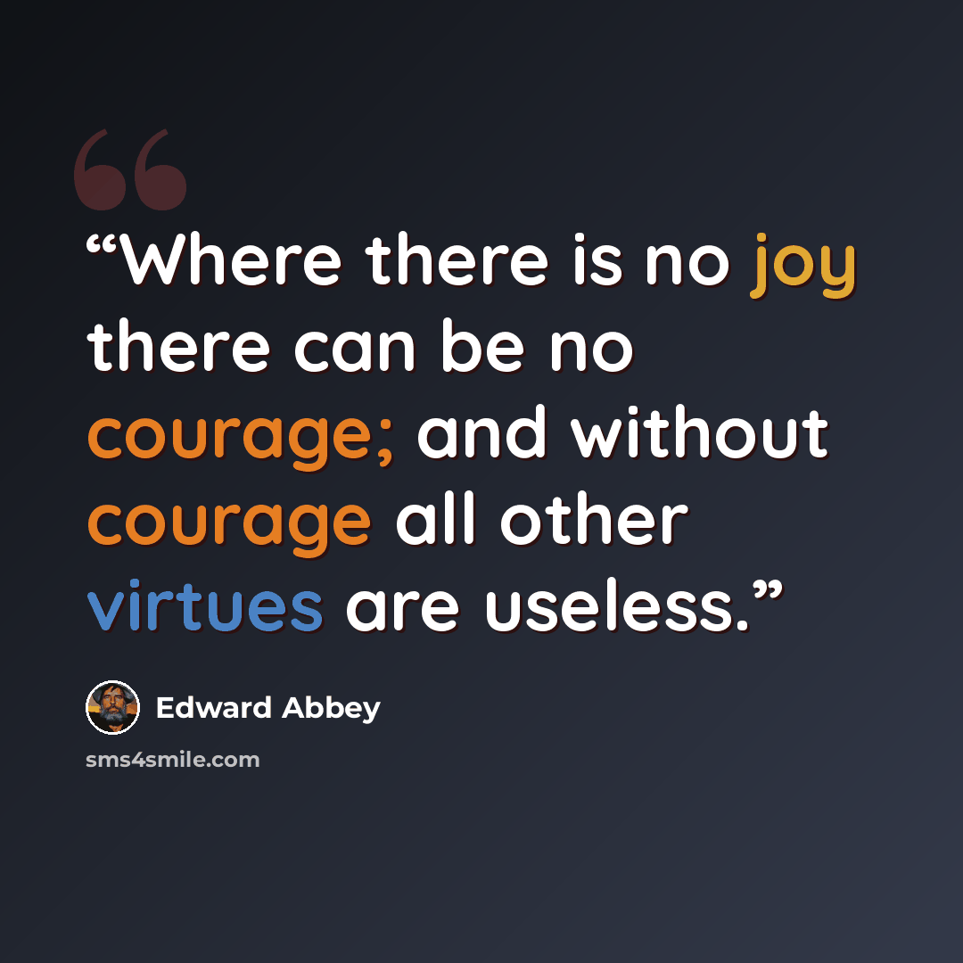 “Where there is no joy there can be no courage; and without courage all other virtues are useless.” quote by Edward Abbey