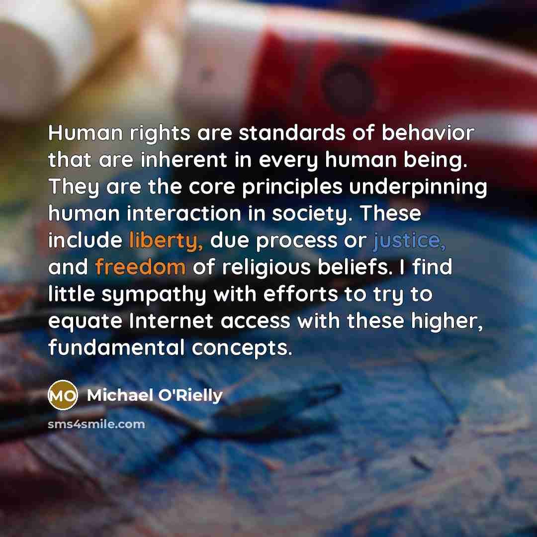 “Human rights are standards of behavior that are inherent in every human being. They are the core principles underpinning human interaction in society. These include liberty, due process or justice, and freedom of religious beliefs. I find little sympathy with efforts to try to equate Internet…” quote by Michael O'Rielly