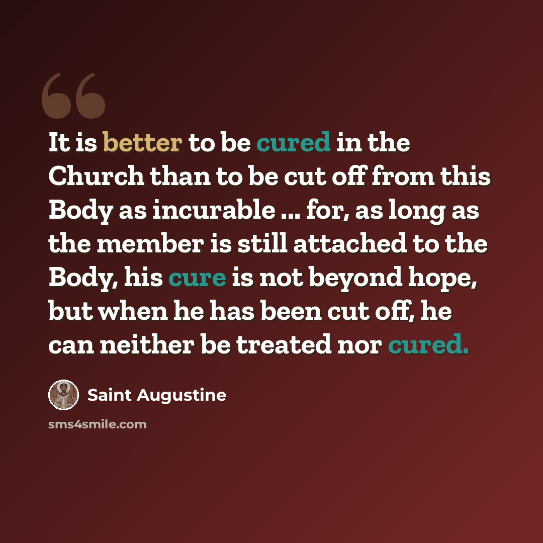 “It is better to be cured in the Church than to be cut off from this Body as incurable ... for, as long as the member is still attached to the Body, his cure is not beyond hope, but when he has been cut off, he can neither be treated nor cured.” quote by Saint Augustine