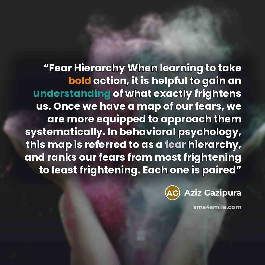 “Fear Hierarchy When learning to take bold action, it is helpful to gain an understanding of what exactly frightens us. Once we have a map of our fears, we are more equipped to approach them systematically. In behavioral psychology, this map is referred to as a fear hierarchy, and ranks our fears…” quote by Aziz Gazipura