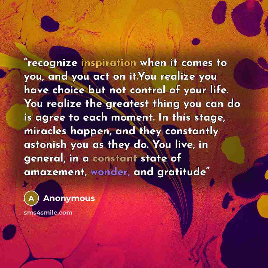 “recognize inspiration when it comes to you, and you act on it.You realize you have choice but not control of your life. You realize the greatest thing you can do is agree to each moment. In this stage, miracles happen, and they constantly astonish you as they do. You live, in general, in a…” quote by Anonymous