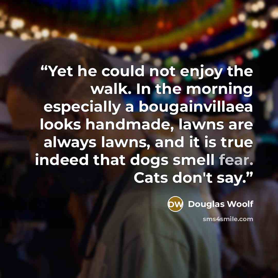 “Yet he could not enjoy the walk. In the morning especially a bougainvillaea looks handmade, lawns are always lawns, and it is true indeed that dogs smell fear. Cats don't say.” quote by Douglas Woolf