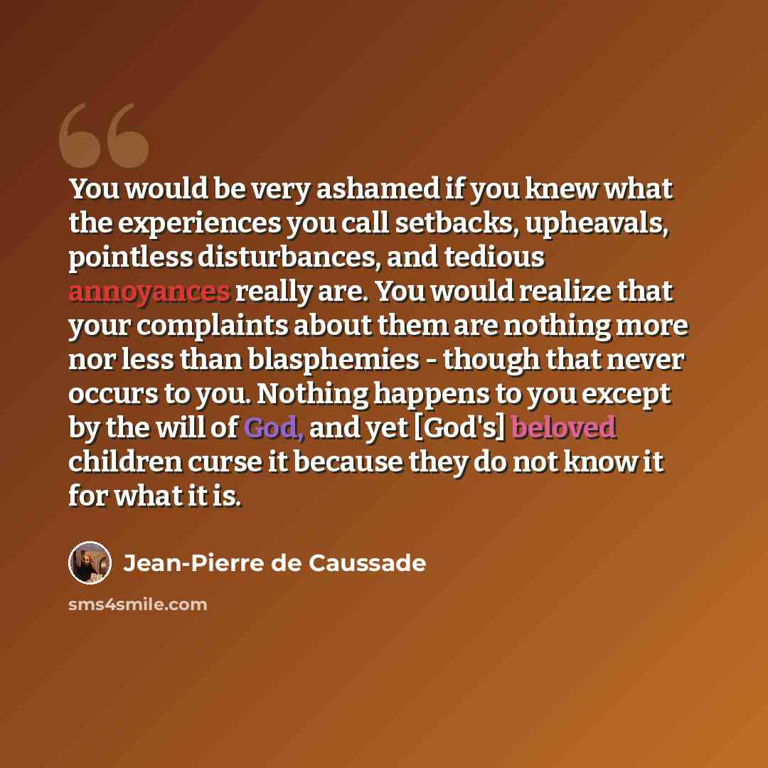“You would be very ashamed if you knew what the experiences you call setbacks, upheavals, pointless disturbances, and tedious annoyances really are. You would realize that your complaints about them are nothing more nor less than blasphemies - though that never occurs to you. Nothing happens to you…” quote by Jean-Pierre de Caussade