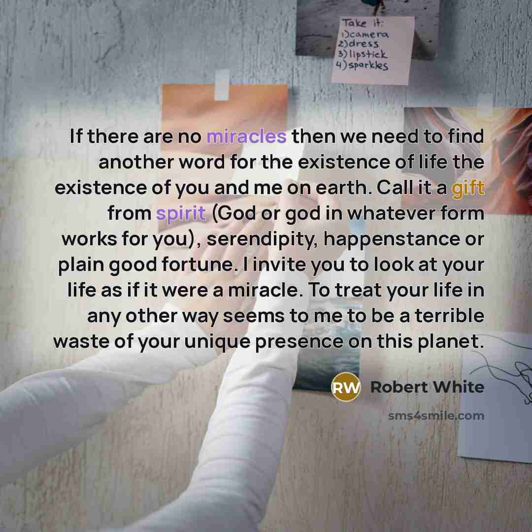 “If there are no miracles then we need to find another word for the existence of life the existence of you and me on earth. Call it a gift from spirit (God or god in whatever form works for you), serendipity, happenstance or plain good fortune. I invite you to look at your life as if it were a…” quote by Robert White