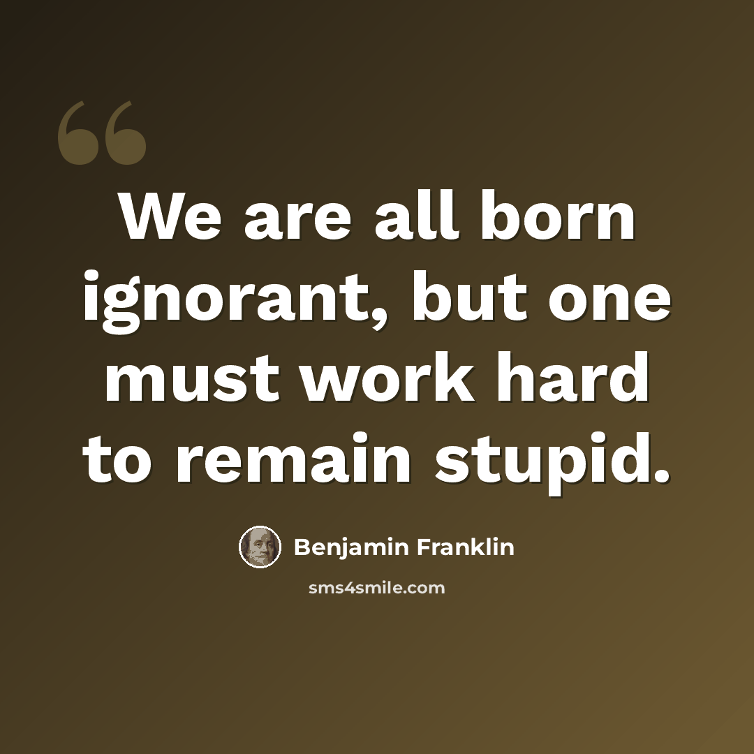 “We are all born ignorant, but one must work hard to remain stupid.” quote by Benjamin Franklin