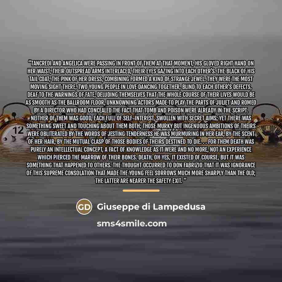“Tancredi and Angelica were passing in front of them at that moment, his gloved right hand on her waist, their outspread arms interlaced, their eyes gazing into each other's. The black of his tail coat, the pink of her dress, combining formed a kind of strange jewel. They were the most moving sight…” quote by Giuseppe di Lampedusa