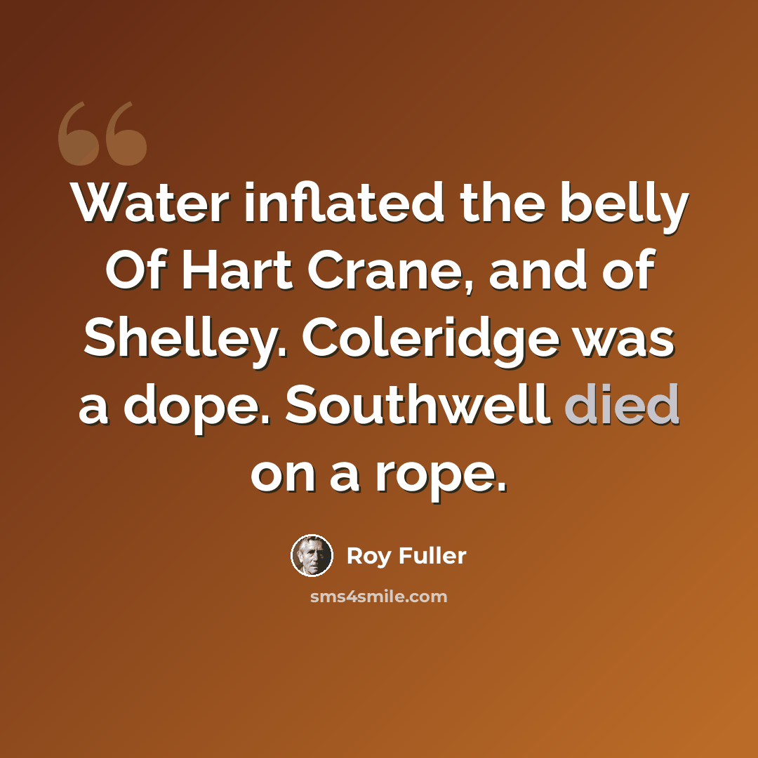 “Water inflated the belly Of Hart Crane, and of Shelley. Coleridge was a dope. Southwell died on a rope.” quote by Roy Fuller