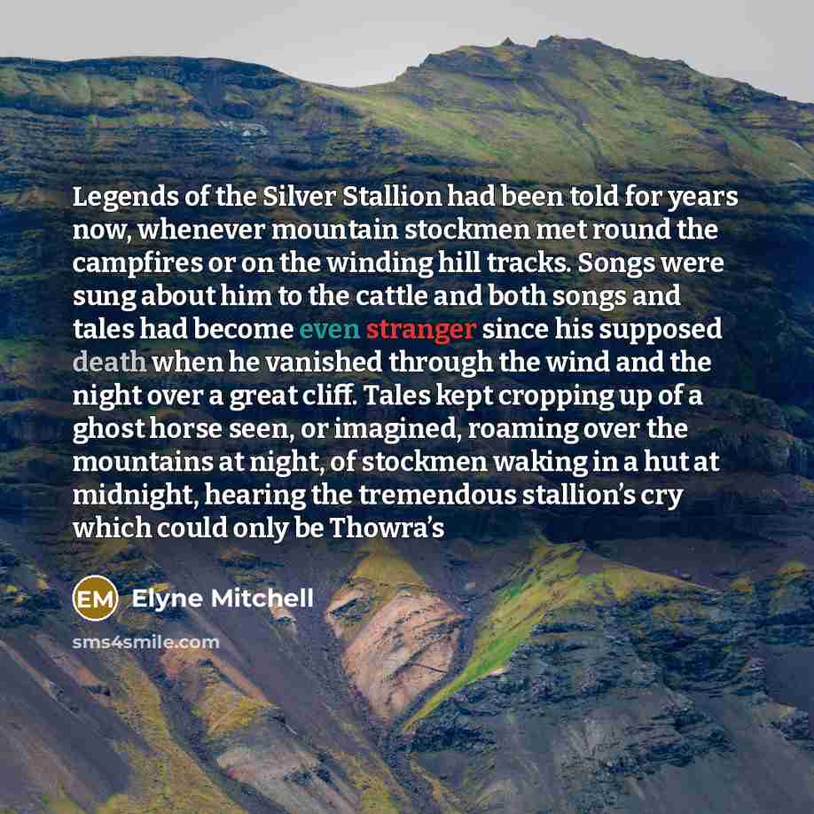 “Legends of the Silver Stallion had been told for years now, whenever mountain stockmen met round the campfires or on the winding hill tracks. Songs were sung about him to the cattle and both songs and tales had become even stranger since his supposed death when he vanished through the wind and the…” quote by Elyne Mitchell