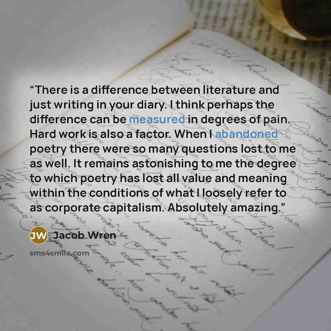 “There is a difference between literature and just writing in your diary. I think perhaps the difference can be measured in degrees of pain. Hard work is also a factor. When I abandoned poetry there were so many questions lost to me as well. It remains astonishing to me the degree to which poetry…” quote by Jacob Wren