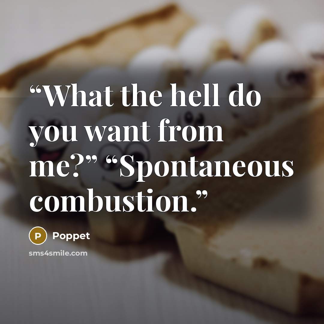 “What the hell do you want from me?” “Spontaneous combustion.” quote by Poppet
