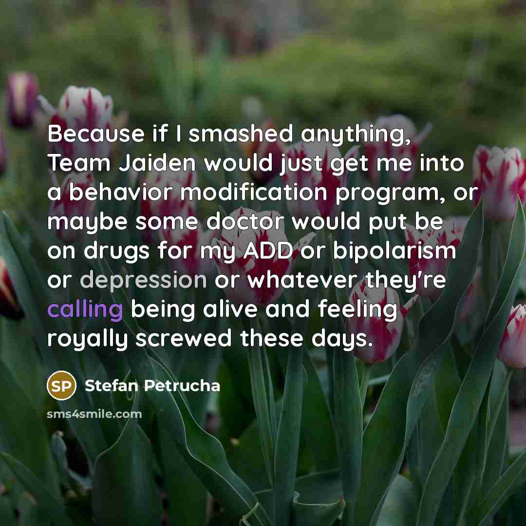 “Because if I smashed anything, Team Jaiden would just get me into a behavior modification program, or maybe some doctor would put be on drugs for my ADD or bipolarism or depression or whatever they're calling being alive and feeling royally screwed these days.” quote by Stefan Petrucha