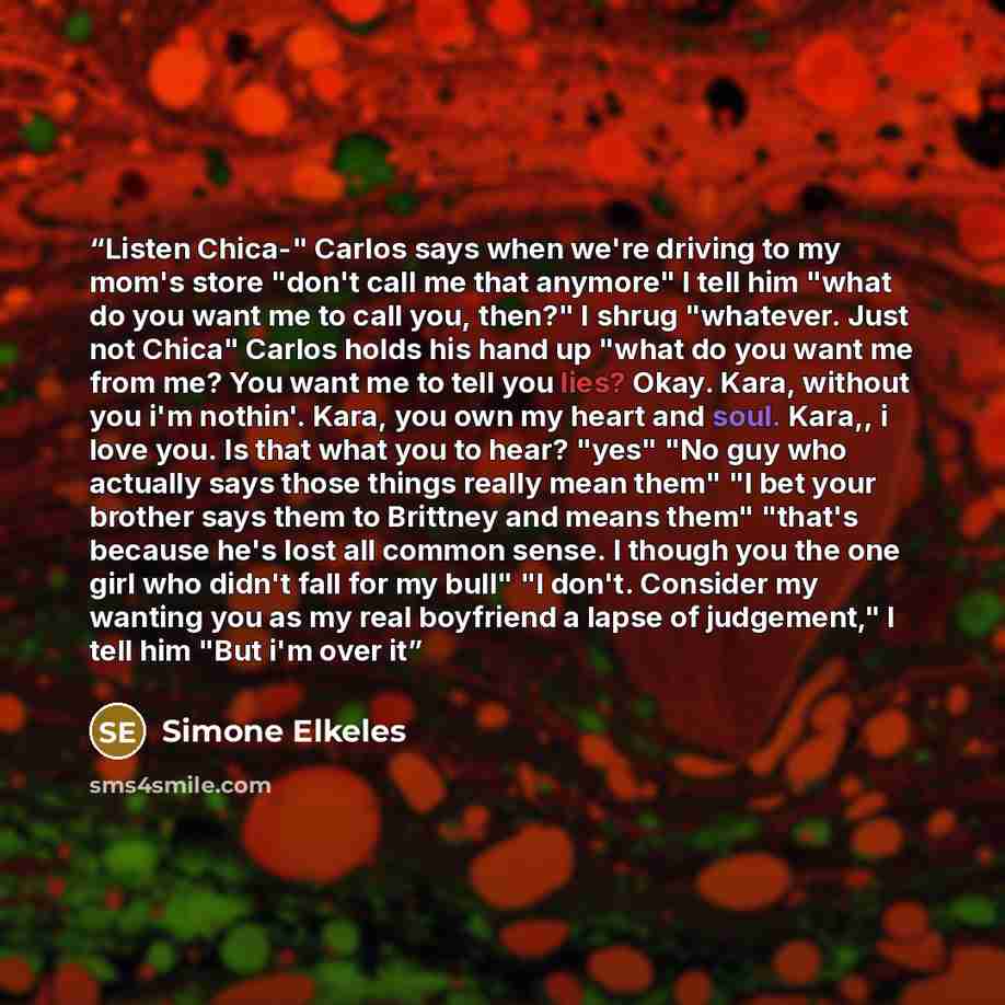 “Listen Chica-" Carlos says when we're driving to my mom's store "don't call me that anymore" I tell him "what do you want me to call you, then?" I shrug "whatever. Just not Chica" Carlos holds his hand up "what do you want me from me? You want me to tell you lies? Okay. Kara, without you i'm…” quote by Simone Elkeles