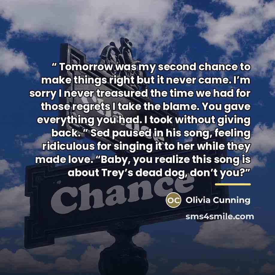 “Tomorrow was my second chance to make things right but it never came. I’m sorry I never treasured the time we had for those regrets I take the blame. You gave everything you had. I took without giving back. ” Sed paused in his song, feeling ridiculous for singing it to her while they made love…” quote by Olivia Cunning