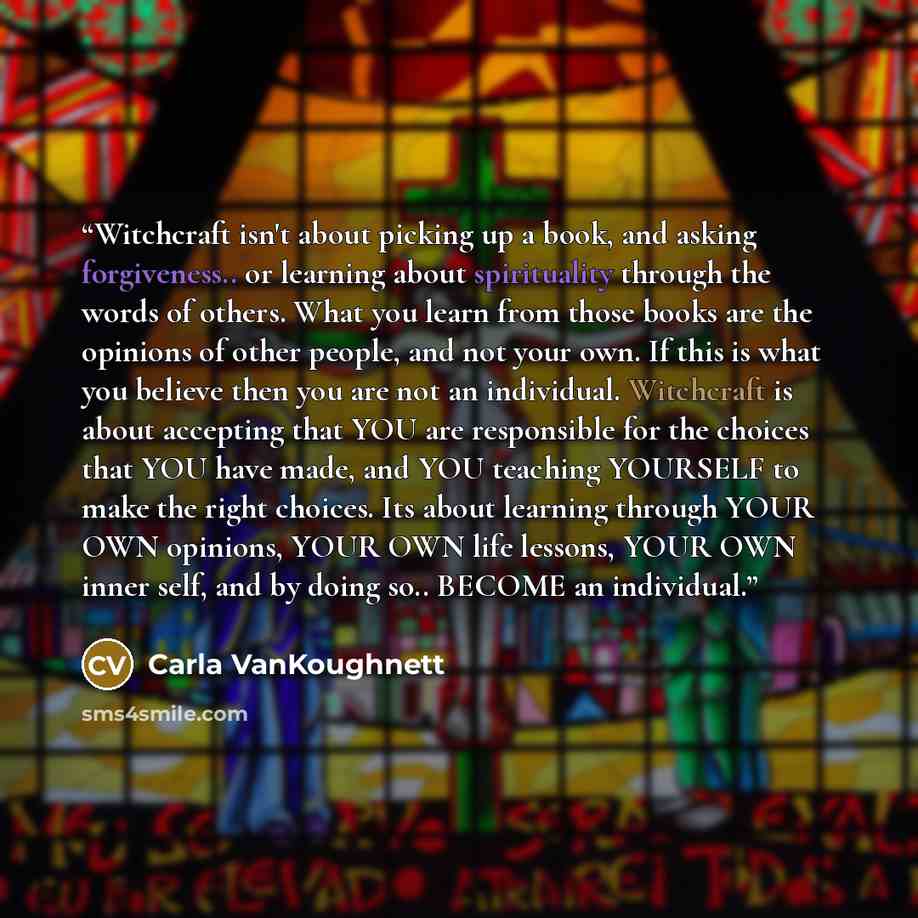 “Witchcraft isn't about picking up a book, and asking forgiveness.. or learning about spirituality through the words of others. What you learn from those books are the opinions of other people, and not your own. If this is what you believe then you are not an individual. Witchcraft is about…” quote by Carla VanKoughnett