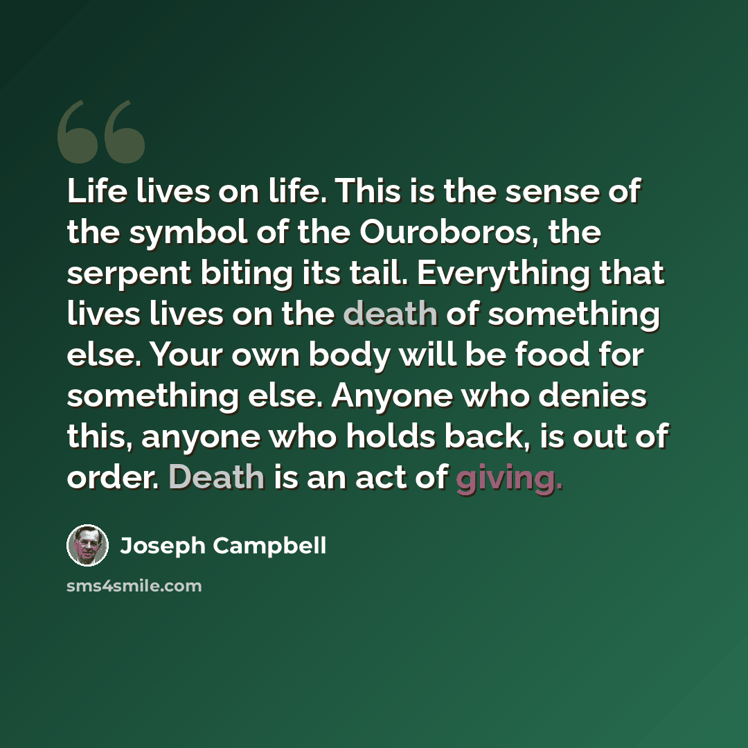 “Life lives on life. This is the sense of the symbol of the Ouroboros, the serpent biting its tail. Everything that lives lives on the death of something else. Your own body will be food for something else. Anyone who denies this, anyone who holds back, is out of order. Death is an act of giving.” quote by Joseph Campbell