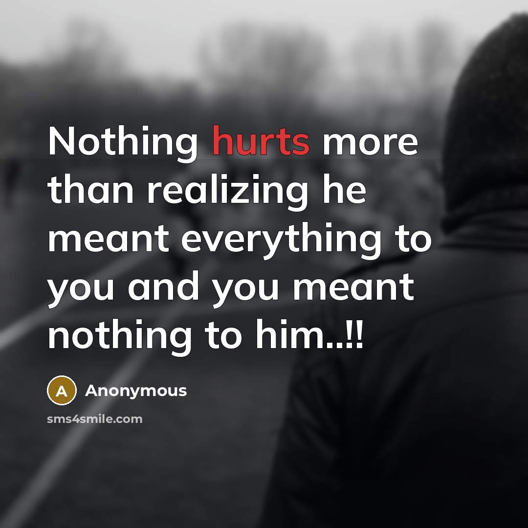 “Nothing hurts more than realizing he meant everything to you and you meant nothing to him..!!” quote by Anonymous
