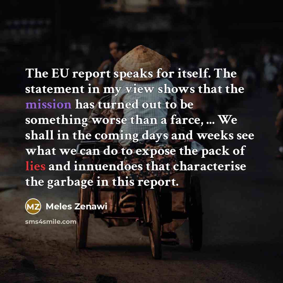 “The EU report speaks for itself. The statement in my view shows that the mission has turned out to be something worse than a farce, ... We shall in the coming days and weeks see what we can do to expose the pack of lies and innuendoes that characterise the garbage in this report.” quote by Meles Zenawi