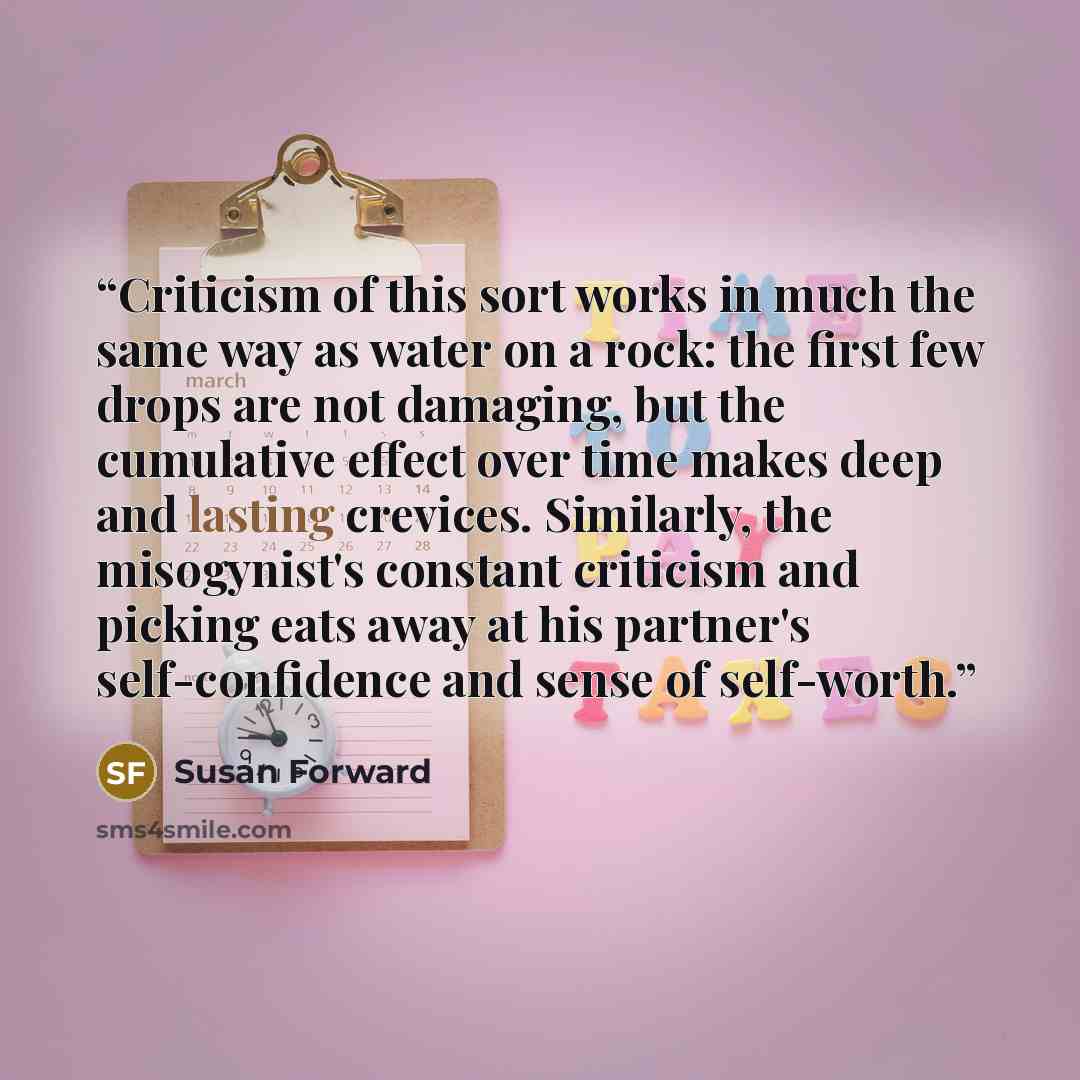 “Criticism of this sort works in much the same way as water on a rock: the first few drops are not damaging, but the cumulative effect over time makes deep and lasting crevices. Similarly, the misogynist's constant criticism and picking eats away at his partner's self-confidence and sense of…” quote by Susan Forward