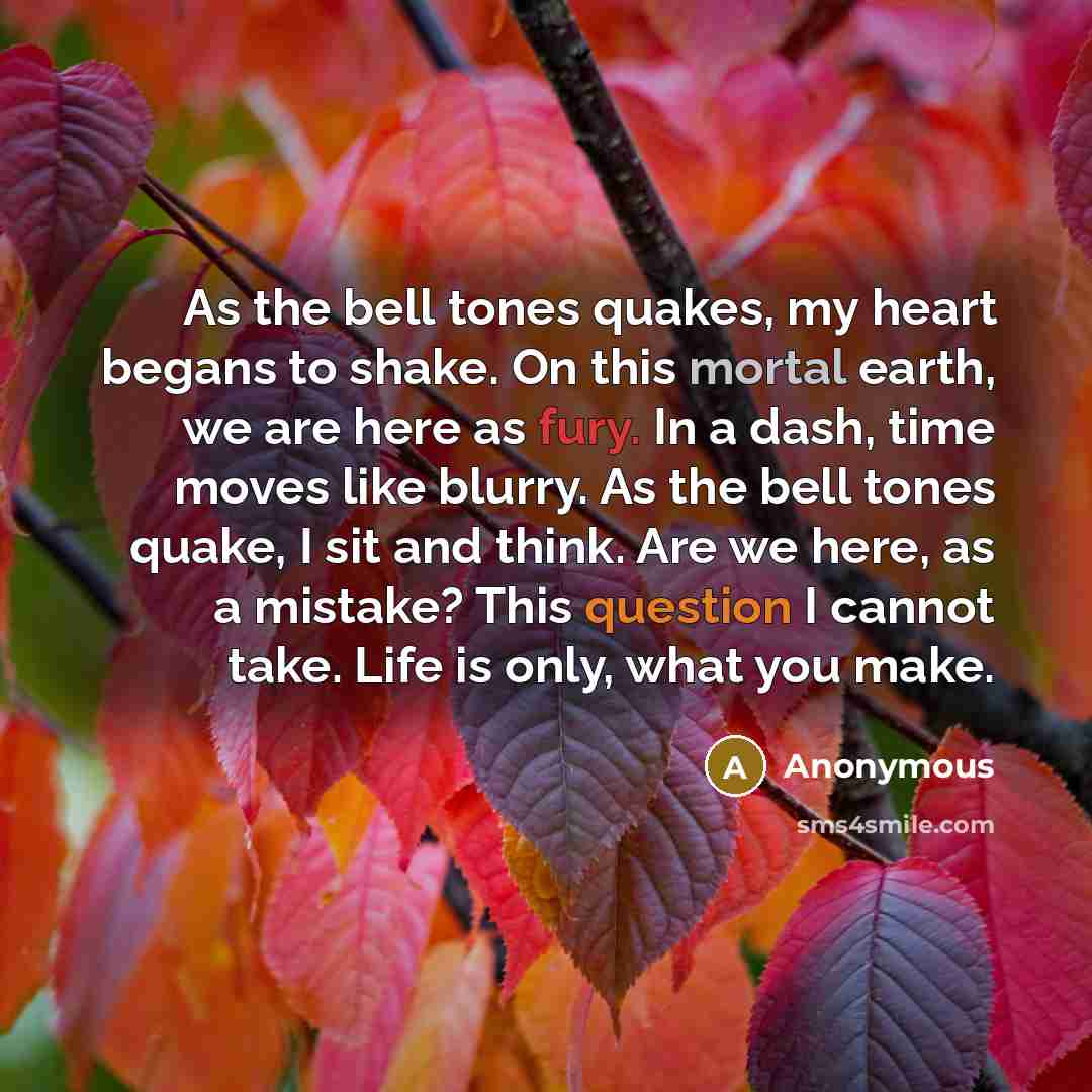 “As the bell tones quakes, my heart begans to shake. On this mortal earth, we are here as fury. In a dash, time moves like blurry. As the bell tones quake, I sit and think. Are we here, as a mistake? This question I cannot take. Life is only, what you make.” quote by Anonymous