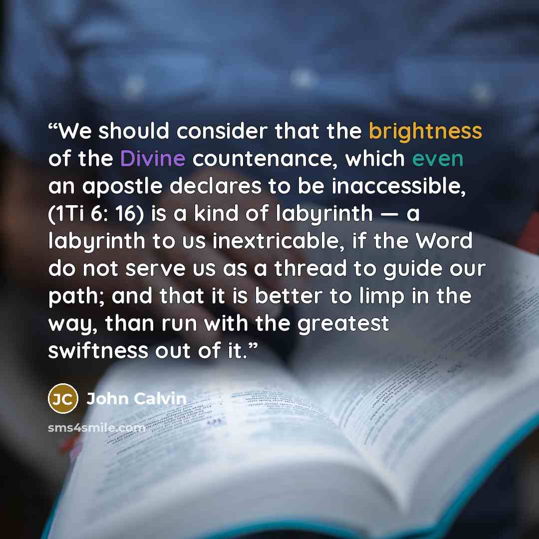 “We should consider that the brightness of the Divine countenance, which even an apostle declares to be inaccessible, (1Ti 6: 16) is a kind of labyrinth — a labyrinth to us inextricable, if the Word do not serve us as a thread to guide our path; and that it is better to limp in the way, than run…” quote by John Calvin
