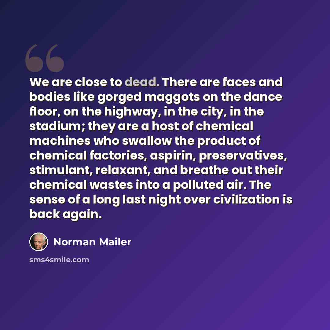 “We are close to dead. There are faces and bodies like gorged maggots on the dance floor, on the highway, in the city, in the stadium; they are a host of chemical machines who swallow the product of chemical factories, aspirin, preservatives, stimulant, relaxant, and breathe out their chemical…” quote by Norman Mailer