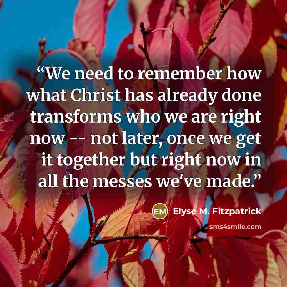 “We need to remember how what Christ has already done transforms who we are right now -- not later, once we get it together but right now in all the messes we've made.” quote by Elyse M. Fitzpatrick