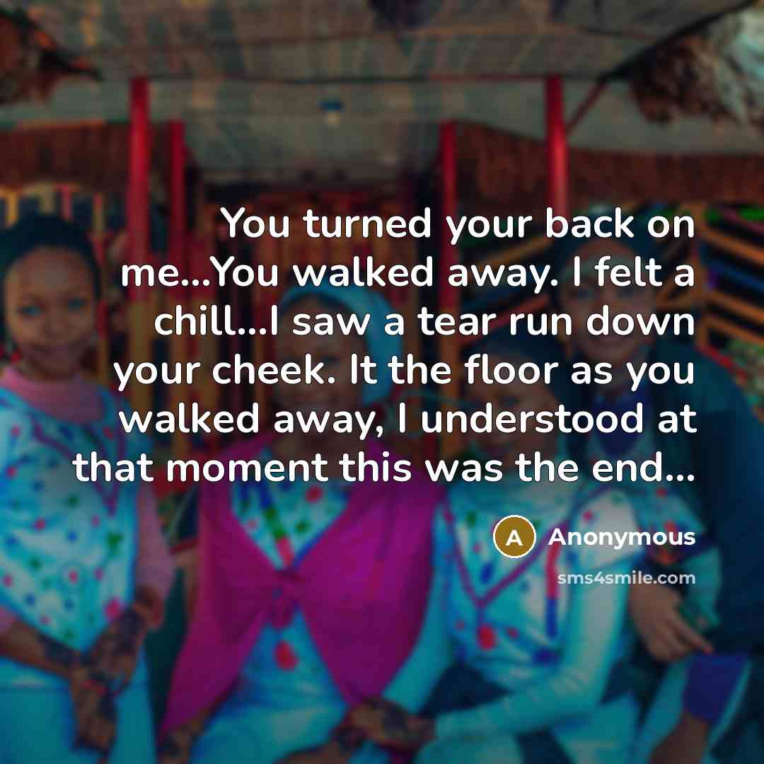 “You turned your back on me...You walked away. I felt a chill...I saw a tear run down your cheek. It the floor as you walked away, I understood at that moment this was the end...” quote by Anonymous