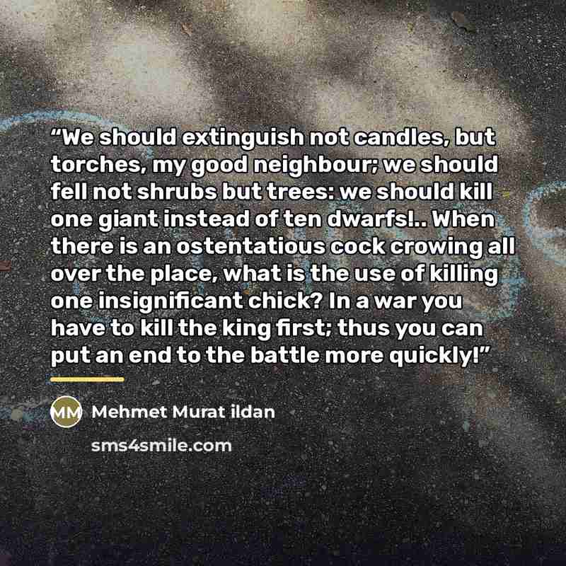 “We should extinguish not candles, but torches, my good neighbour; we should fell not shrubs but trees: we should kill one giant instead of ten dwarfs!.. When there is an ostentatious cock crowing all over the place, what is the use of killing one insignificant chick? In a war you have to kill the…” quote by Mehmet Murat ildan
