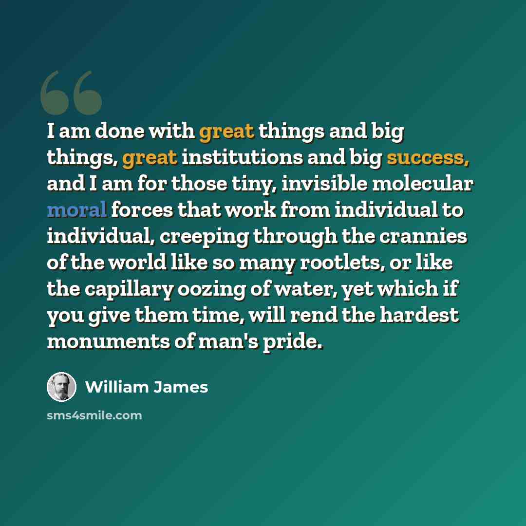 “I am done with great things and big things, great institutions and big success, and I am for those tiny, invisible molecular moral forces that work from individual to individual, creeping through the crannies of the world like so many rootlets, or like the capillary oozing of water, yet which if…” quote by William James