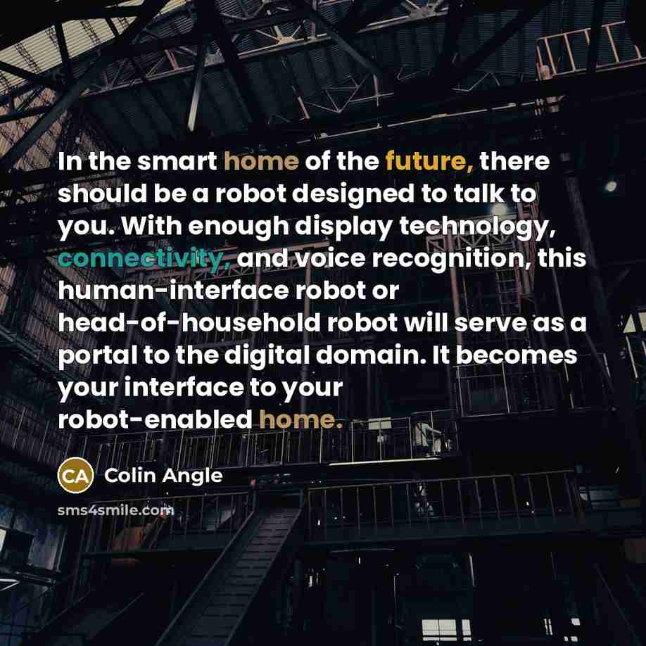 “In the smart home of the future, there should be a robot designed to talk to you. With enough display technology, connectivity, and voice recognition, this human-interface robot or head-of-household robot will serve as a portal to the digital domain. It becomes your interface to your robot-enabled…” quote by Colin Angle